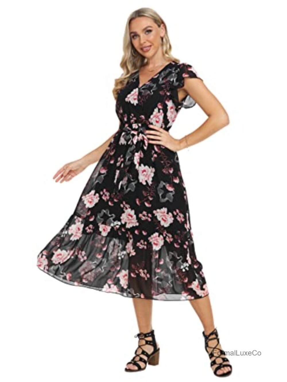 Womens Floral Chiffon Midi Dress V Neck Ruffle Sleeve Summer Boho